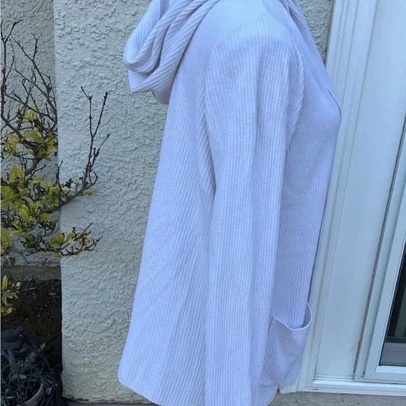 Barefoot Dreams CozyChic Ultra Lite Ribbed Ecru Hooded Cardigan Sweater Size L - Picture 4 of 5